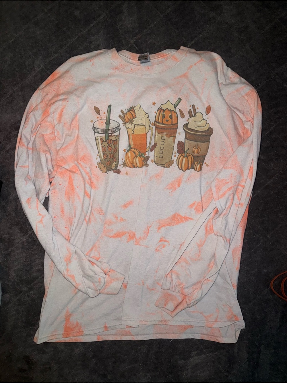 Long Sleeve White Tee with Orange Tie-Dye Pumpkin Drink Graphic